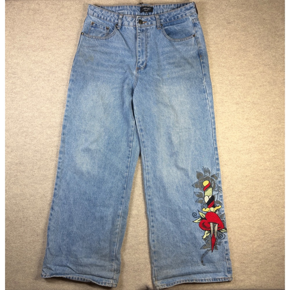Ed Hardy Denim Mens 32 Light Wash Wide Leg Embroidered Tattoo Jeans Y2K Baggy